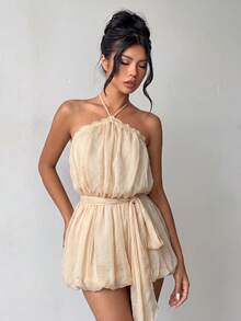 Women's Casual Fashion Halter Neck Lace Trim Puff Sleeve Mini Dress, Summer Criss-Cross Tie Back Puff Hem Dress, Suitable For Vacation, Holiday, Outing - Light Yellow - View 9