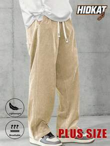 Plus Size Men's Corduroy Straight Leg Retro Pants, Drawstring Elastic Waist, Suitable For Casual, Sports, Hiking Wear, Spring/Autumn - Khaki - View 3