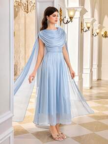 Women's Solid Color Draped Neckline And Extra Long Sleeve Elegant Romantic Dress - Baby Blue - View 6
