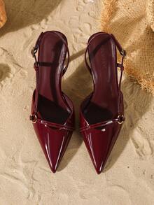 淺藍色蕾絲網紗蝴蝶結尖頭細高跟涼鞋，附腳踝綁帶，女款派對鞋 - 安可拉紅 - 查看 2