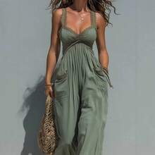 Solid Color Strapless Sleeveless Sexy Long Dress, Vacation Style Jumpsuit Women Boho Vacation Halter Sleeveless Cut Out Long Wide Leg Jumpsuit - Green - View 4