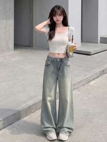 YEAE | Celana Jeans Wanita Model Retro Amerika dengan Potongan Longgar dan Lebar, Pinggang Tinggi, Potongan Lurus, dan Ujung Berumbai, Gaya Kasual Musim Gugur - Light Wash - View 3