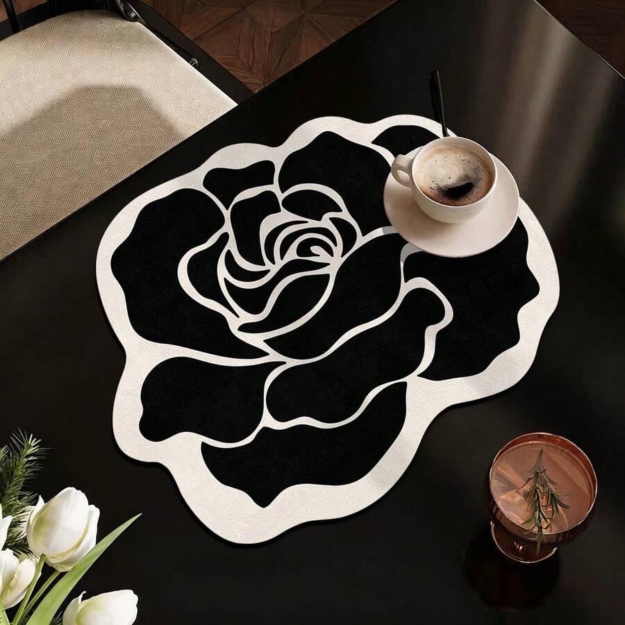 Kitchen Dish Drying Mat, Absorbent Table Mat, Countertop Dish Mat, Wash-Free Table Mat, Bowl And Plate Drying Mat - Black Flowers - View 1