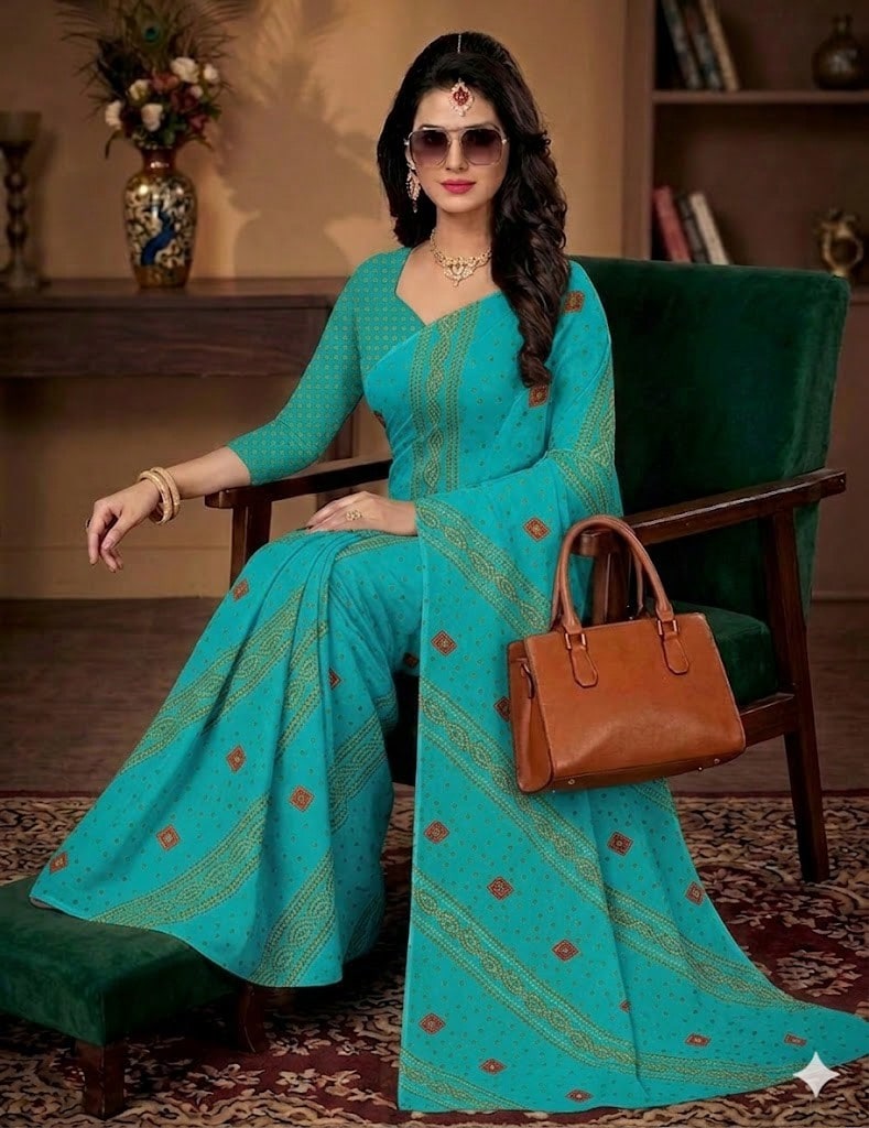 Estationeryhouse Bandhani Diagonal Print With Unstitched Blouse Piece - Turquoise - View 1