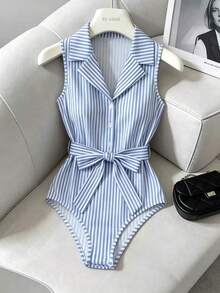 Body de punto estilo francés vintage para mujer, a rayas azules y blancas, cuello polo, diseño con botones y lazo, elegante atuendo de verano para la - Azul y blanco - Ver 2
