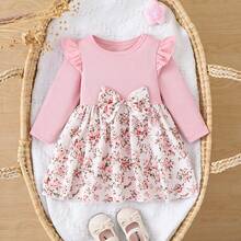 Girls Pink Floral Patchwork Dress With Bow Decor, Long Sleeve Baby Dress - Pink - View 11