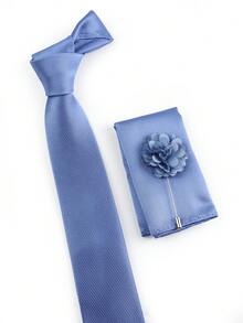 Set Dasi Pria Biru Bergaris 3 Buah, 1 Dasi 6cm, 1 Sapu Tangan Saku, 1 Bunga Kerah, Cocok Untuk Pengantin Pria, Pernikahan, Pesta, dan Pakaian Kerja Sehari-hari - Dusty Blue - View 2