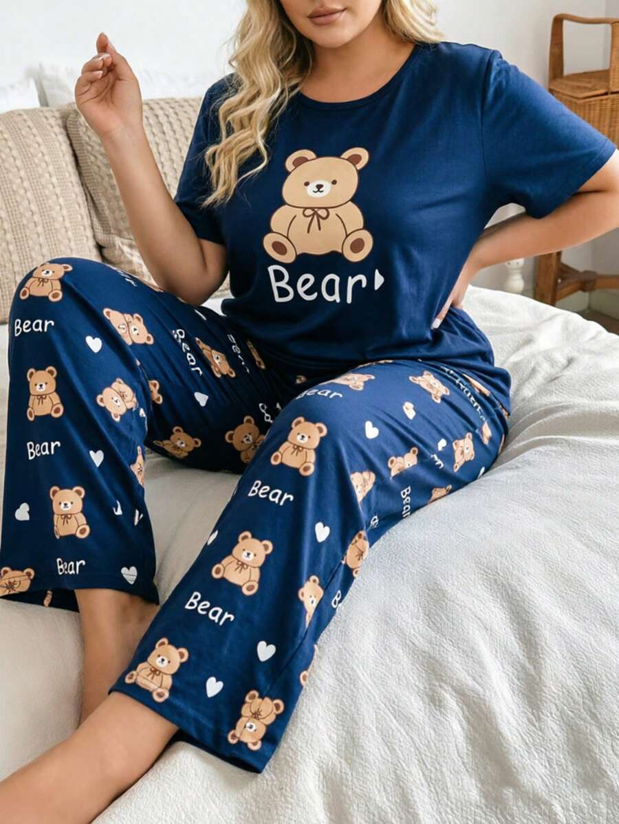 Plus Size Dark Blue Short Sleeve Top And Pants Printed 2 Pieces Pajama Set Loungewear For Women - Blue - View 1