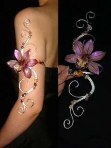 Women's Adjustable Silver Wire Wrapped Upper Arm Cuff, Handmade, Faux Purple Orchid Multi-Color Beaded Arm Accessory, Fairy Floral Exaggerated Arm Band, Bohemian Arm Jewelry - Purple - View 1