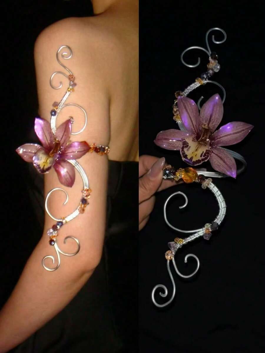 Women's Adjustable Silver Wire Wrapped Upper Arm Cuff, Handmade, Faux Purple Orchid Multi-Color Beaded Arm Accessory, Fairy Floral Exaggerated Arm Band, Bohemian Arm Jewelry - Purple - View 1