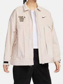 Nike 字母笑臉燈芯絨美式復古學院風 舒適翻領休閒運動夾克 女款 粉紅色 - 粉色 - 查看 2
