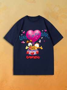 SHEIN | Garfield 女款海軍藍短袖T恤，愛心熱氣球與Odie LOVE IS IN THE AIR卡通印花，寬鬆休閒情人節上衣 - 藏蓝色 - 查看 1