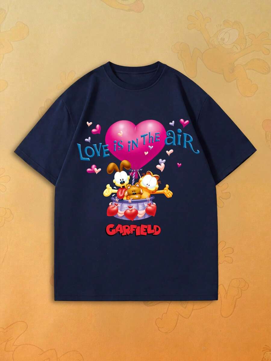 SHEIN | Garfield 女款海軍藍短袖T恤,愛心熱氣球與Odie LOVE IS IN THE AIR卡通印花,寬鬆休閒情人節上衣 - 藏蓝色 - 查看 1