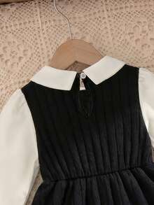 Young Girl' Princess Sleeve Drawstring Collar 3D Floral Mesh Lining Side Slit Fashion Dress - Black - View 6
