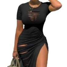 Fashionable And Sexy Fitted Mini Dress With Short Sleeves And A Round Neck, Featuring Devoré Fabric Details, Slits, A Side Opening And An Adjustable Drawstring Design. - Merah - View 2