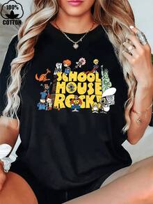 Witllent 1 100% Cotton T-Shirt With Schoolhouse Rock Logo, 70s Retro Style, 220g Thick Cotton T-Shirt For Women, Christmas Gift - 黑色 - 查看 1