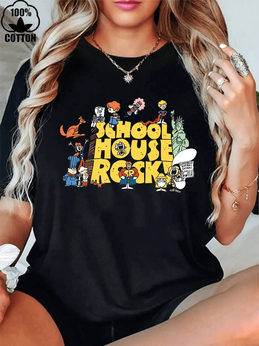 Witllent 1 100% Cotton T-Shirt With Schoolhouse Rock Logo, 70s Retro Style, 220g Thick Cotton T-Shirt For Women, Christmas Gift - 黑色 - 查看 1