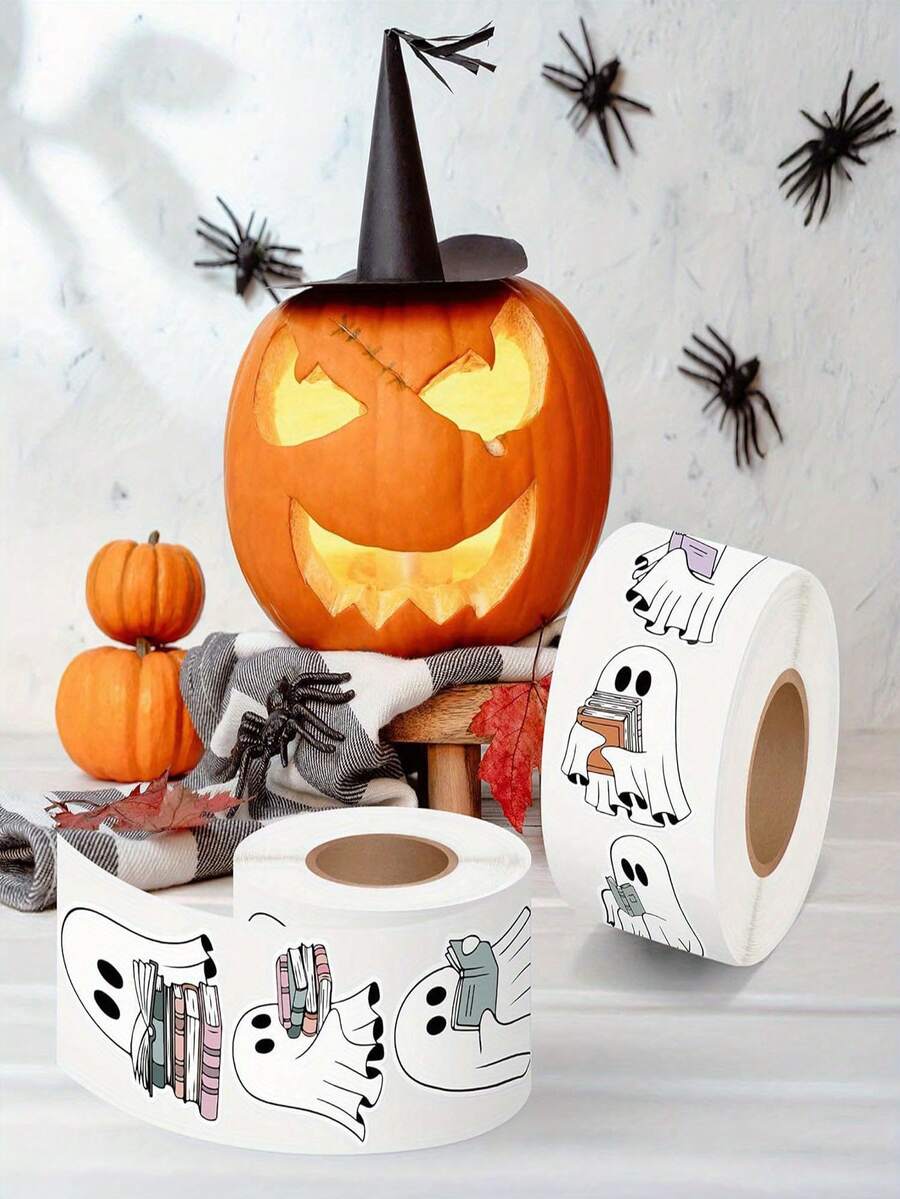 Halloween Book Ghost Roll Stickers, Cute & Quirky Reading Ghost Label Stickers For Gift Decoration - A - View 1