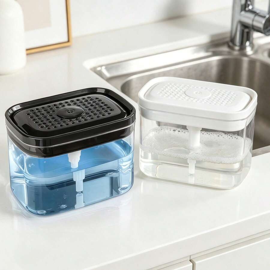 1個廚房水槽檯面皂液壓泵分裝器附海綿架，適用於洗手液和洗碗精，適合廚房、浴室、水槽，洗碗精架