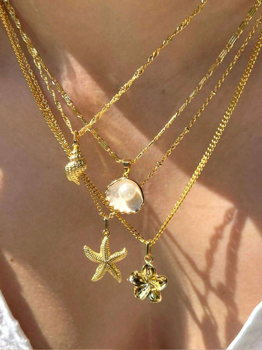4pcs Bohemian Style Summer Ocean Theme Starfish Shell Pearl Flower Pendant Women's Multi-Layer Stackable Necklace, Suitable For Beach Vacation, Travel, Women's Daily Decoration, Outfit Matching, Please Do Not Touch Water To Avoid Rusting - Gold - View 1