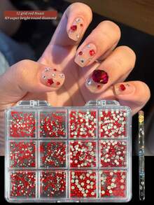 KIRAME 1800顆紅色平底圓形水鑽，高品質超亮美甲寶石套組，含1件點花工具，1-5mm亮面美甲水晶，適用DIY居家美甲、美甲沙龍、美甲用品、夏季與旅行美甲、節日禮物美甲飾品 - 紅色 - 查看 3