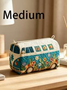 Quilted Makeup Bag, Floral Bus Design Cosmetic Organizer, Travel Storage Bag, Lightweight Foldable Storage Pouch, Zipper Closure, Washable Lining, Suitable For Makeup Brushes, Lipsticks, Skincare Bottles, Jewelry, Daily Organization, Overnight Trips, Vacations, Gym Lockers, Ideal For Travel Enthusiasts, Unique Birthday Gift, Holiday Gift, Party Gift, Vacation Gift, Back To School Gift, Anniversary Gift, Teacher Gift - Multicolor - View 13