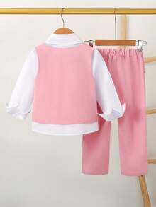 Young Boy Spring/Autumn New Bow Tie Shirt, Solid Color Vest, Straight Leg Pants 3-Piece Gentleman Suit Set, Suitable For Banquets, School Opening Season, School Events, Parties, Performances And Other Formal Occasions - Pink - View 3