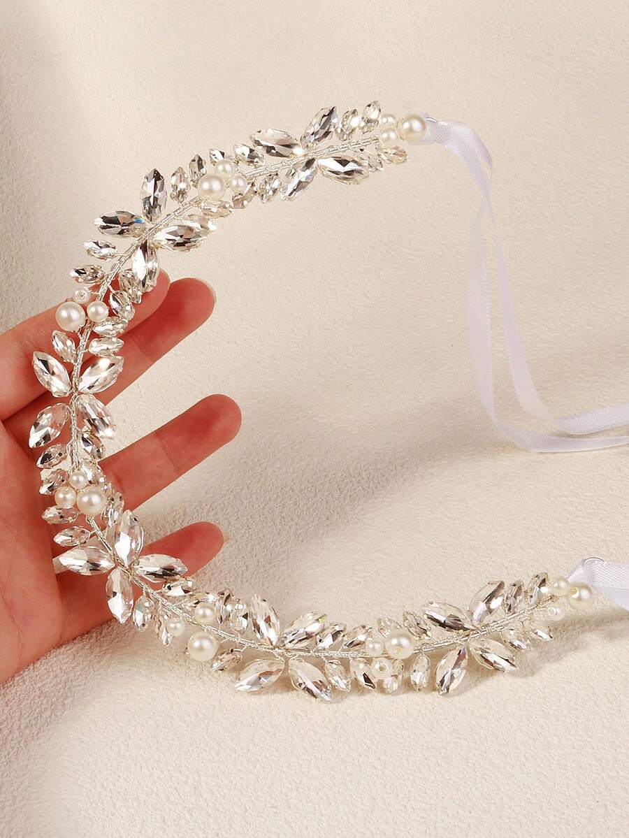 1pc Shiny Crystal Leaf Decor Wedding Headband, Bohemian Style Pearl Bridal Headpiece, Suitable For Birthday, Prom And Wedding Party