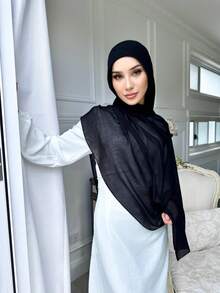 1PC Women's Black Viscose Headscarf, Soft Wide-Brimmed Scarf, Versatile Sun Protection Hijab, Suitable For Daily Wear - Black - View 3