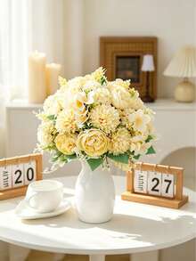 1PC Simulation 7-Head Hand-Held Embroidered Peony, Artificial Flower With Realistic Texture, Suitable For Vase, Home, Hotel Room, Wedding Decoration, Table Decoration, Birthday Gift, Autumn Decoration And Other Occasions - Yellow - View 5