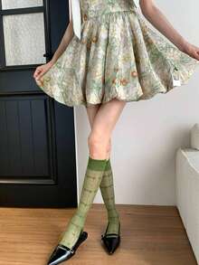 1 par de calcetines de red jacquard con diseño de corazón hasta la rodilla, calcetines de malla hueca transparente hasta la pantorrilla, adecuados para atuendos casuales dulces de estilo pastoral - Multicolor - Ver 3
