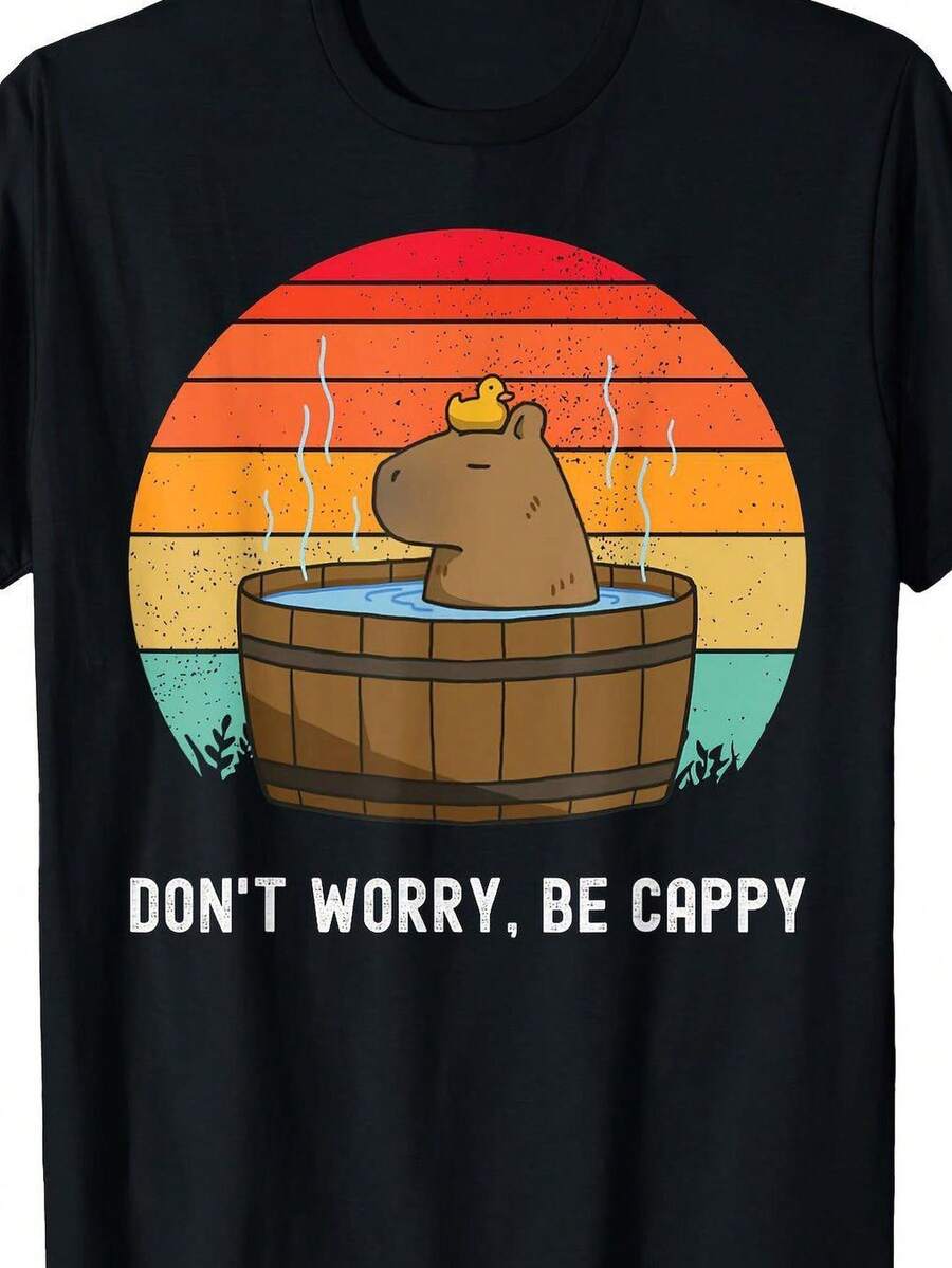 Retro Capybara Graphic T-Shirt "Don't Worry Be Capy" - 100% Cotton, Black, Short Sleeve, Vintage Sunset Design, Regular Fit, Casual T-Shirt For Men And Women, Washable - 黑色 - 查看 1