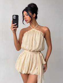 Women's Casual Fashion Halter Neck Lace Trim Puff Sleeve Mini Dress, Summer Criss-Cross Tie Back Puff Hem Dress, Suitable For Vacation, Holiday, Outing - Light Yellow - View 10