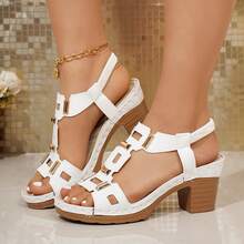 Plus Size Women's Retro Solid Color Buckle Platform Wedge Sandals - White - View 15