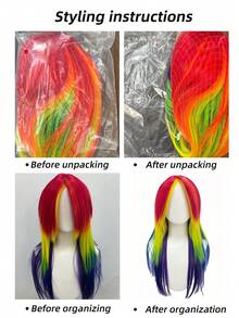 Rainbow Gradient Layered Wolf Tail Long Wig, Color Block Patchwork Choppy Cut, Eye-Catching Personalized Styling Headpiece For EDM Festival, Nightclub, Rave, Anime Convention, Party, Photoshoot - View 9