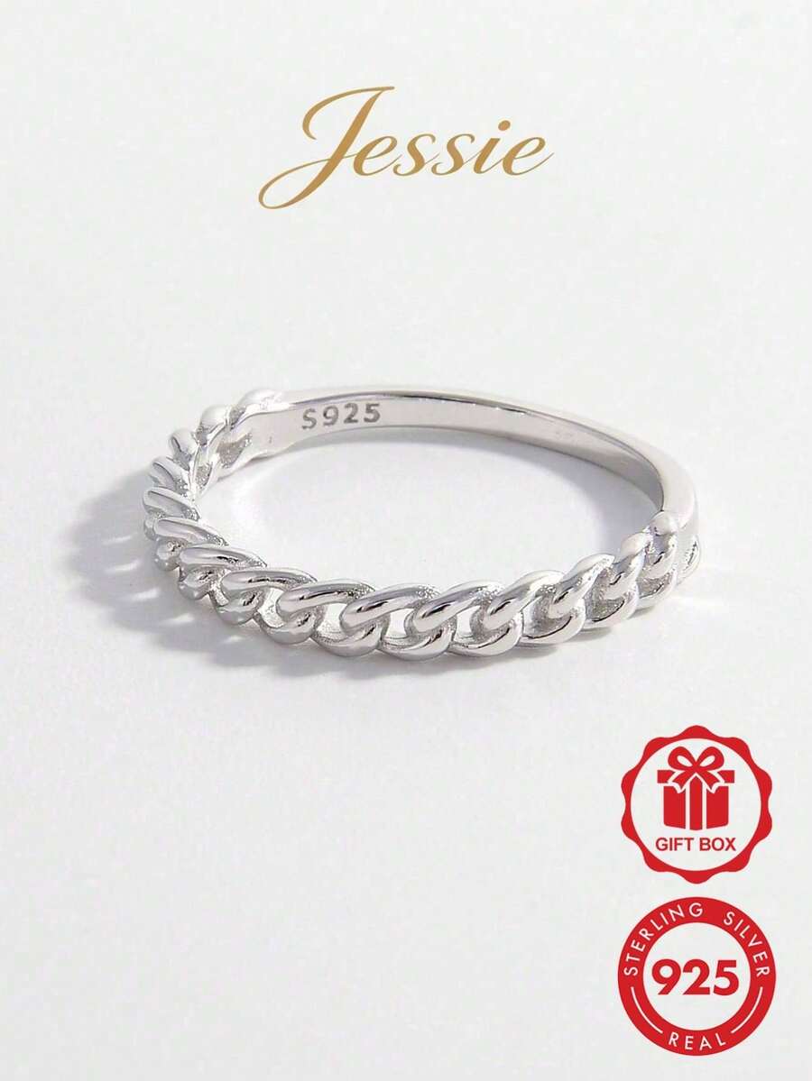 Jessie Jewelry 女士極簡鏈子裝飾的銀戒指,日常裝飾通勤婚禮訂婚新娘珠寶1入組 - 銀色 - 查看 1