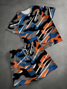 "Contrast Camouflage Print" Pattern Sports Set - Polyester Knit Fabric, Men's Sports Casual Minimalist Series Exquisite Design, Crew Neck, Drawstring Shorts, Pocket Detail, Regular Fit, Suitable For Plus Size - Multicolor - View 2