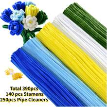 390 pièces de cure-pipes 5 couleurs Kit d'artisanat DIY avec étamines - tiges de chenille violettes, bleues, orange, roses et rouges pour bouquet de fleurs fait main, cadeau de la Fête des Pères & de la remise des diplômes, bouquet de mariée & décoration de la maison - cure-pipes + étamines de fleurs - Voir 14