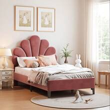 Cama infantil tapizada de 90 x 200 cm, cabecero ajustable, estructura de cama con cabecero en forma de flor y somier de láminas, cama para adolescente en tejido de terciopelo suave al tacto, cama de invitados, beige/rojo - Burdeos - Ver 8