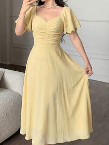 Vestido elegante y romántico de manga corta, cintura recogida y plisado en A, de longitud media, en color amarillo tejido, para primavera/ver - Amarillo - Ver 6