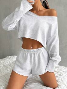 Conjunto de top corto y pantalones cortos de unicolor para mujer en verano - Gris - Ver 1