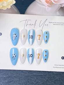 10 Pieces Of Handmade Press On Nails,Summer,World Cup Nails,Blue And Milky White Nails With Blue-White Vertical Stripe Design, Trophy,Number 10 Prints And Three Golden Star Metal Charms,Perfect For Game Watching,Daily Wear And Sports Party Occasions. - Dusty Blue - View 13