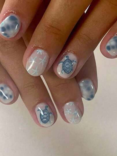 Actualización de Estilo Instantánea 24 piezas/Set Pegatinas de Uñas Cortas Cuadradas Brillantes Lindas con Diseño de Tortuga Blanca y Lunares Adecuadas para Chicas Atractivas, Trabajadoras de Oficina, Fiestas, Citas y Uso Diario Pegatinas de Uñas Suministros de Uñas Elementos Esenciales de Uñas