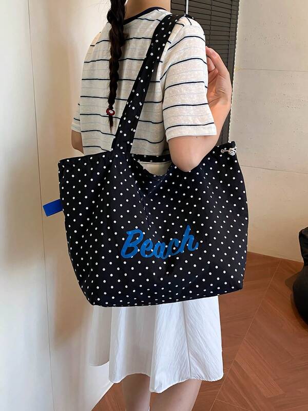 Women's Polka Dot Beach Tote Bag, Large Capacity Casual Shoulder Bag, Summer Vacation Travel Shopper Bag