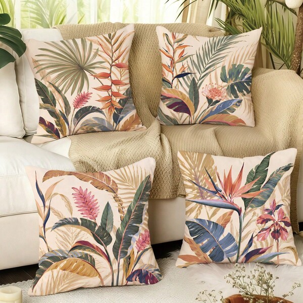 MEMNUN 4 piezas Fundas de almohada con estampado retro de plantas tropicales vintage: palmera, ave del paraíso, monstera y anturio [Relleno de almohada no incluido], 17.7*17.7 pulgadas(45*45cm)/19.69*19.69 pulgadas(50*50cm)/15.75*15.75 pulgadas(40*40cm), [Impresión retro de un solo lado] Hechas de material de poliéster, decoración del hogar personalizada, fundas de cojín de plantas vintage, fundas de almohada lumbar, decoración de habitación, decoración del hogar, decoración de dormitorio, artículos de decoración de habitación para sofá, sala de estar, dormitorio, coche, oficina, hotel, B&B, regalo perfecto para familia y amigos