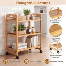 3-Tier Utility Cart 4-Wheel Mobile Shelving Organizer With 3 Hanging Hooks For Kitchen Living Room Bathroom Study - A - View 9