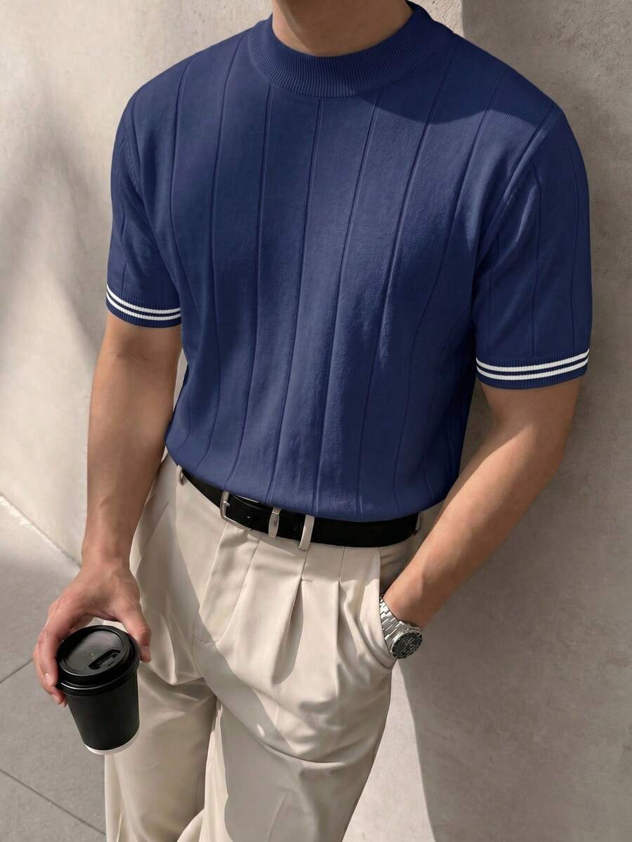 男士假領條紋飾邊羅紋針織短袖上衣休閒日常穿著