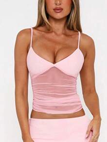 Women Solid Ruched Mesh Patchwork Sheer Strap Crop Camis Sexy Tops Spring/Summer/Autumn - Pink - View 5