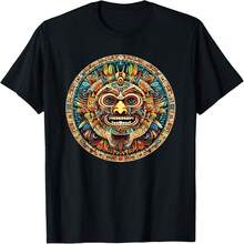 T-Shirt With Warrior Mask And Mayan  Solar Calendar Totem - 黑色 - 查看 2