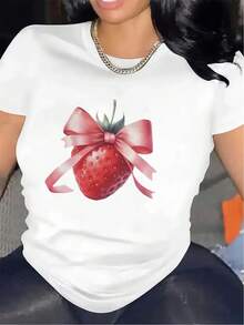 Women's T-Shirt. Short-Sleeved, Lightweight And Durable T-Shirt With A Strawberry And Pink Bow Design, Ideal For Casual Outings At Home, Restaurants Or Outdoors, Offering A Comfortable Fit. - 黑色 - 查看 7